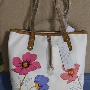Minicco, cream & brown with pink flowers Handbag